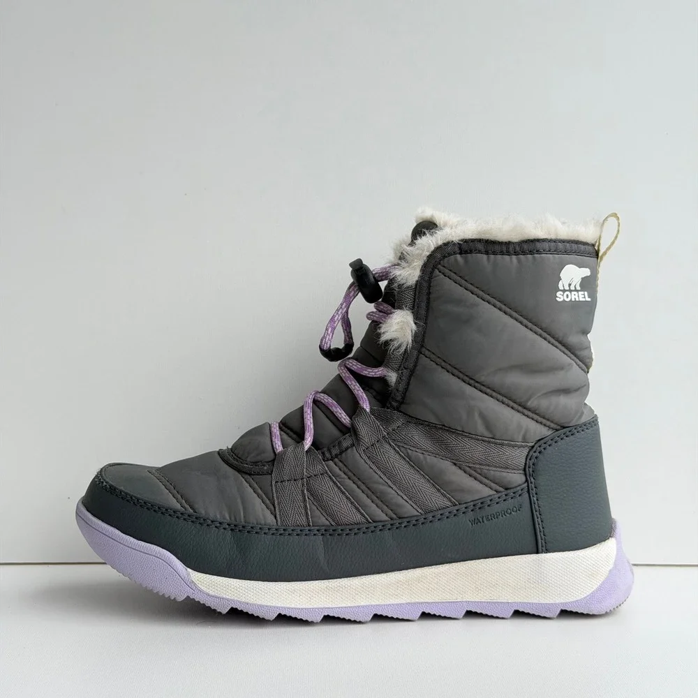 SOREL Whitney II Short Lace Boot Girls size 4 Grey Purple Waterproof Faux Fur